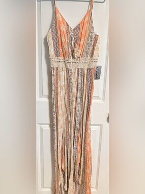 J for Justify Striped Floral Maxi Jumpsuit in Peach, Cream, and Brown
